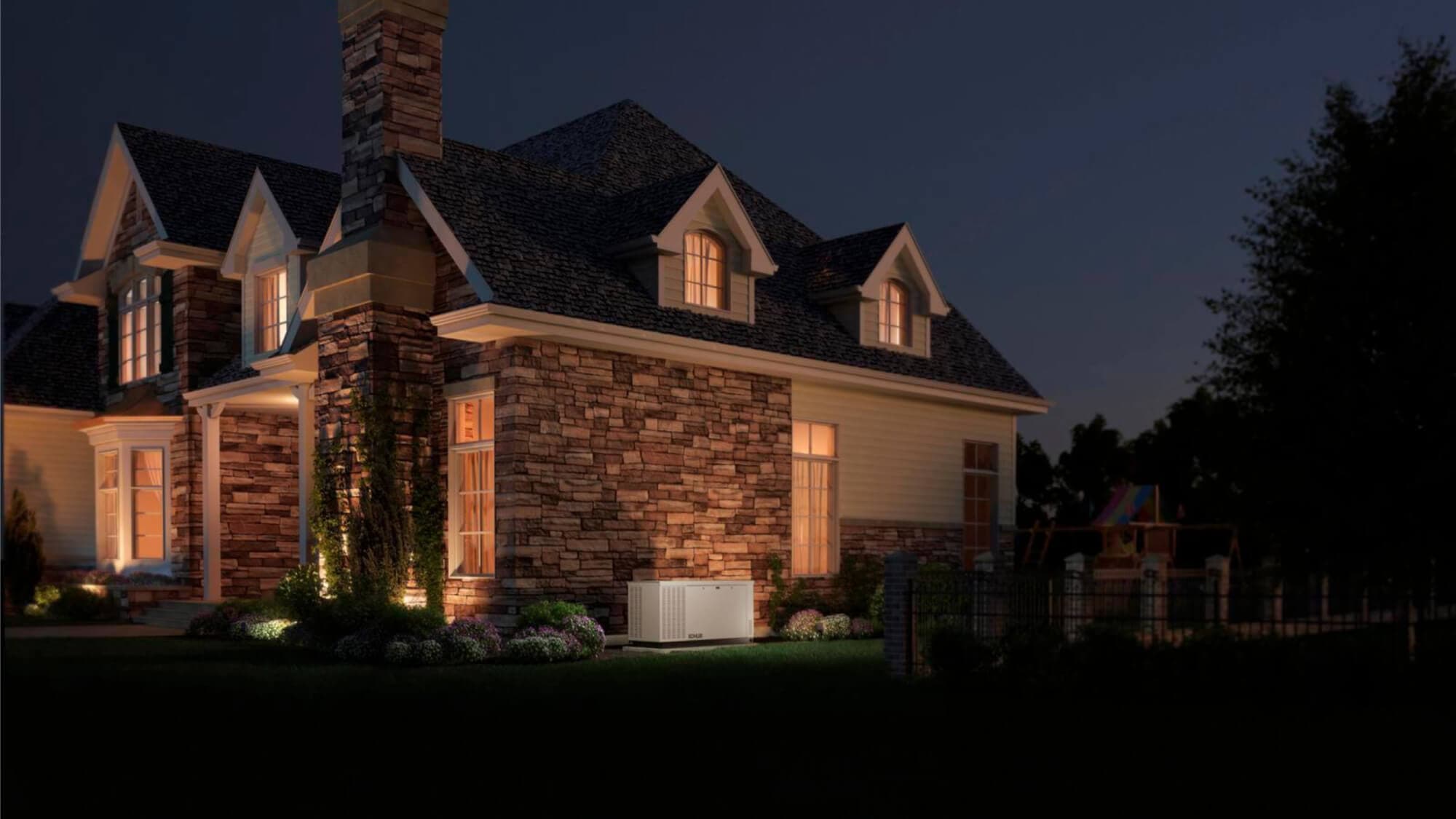 Residential standby generator providing backup power during a storm